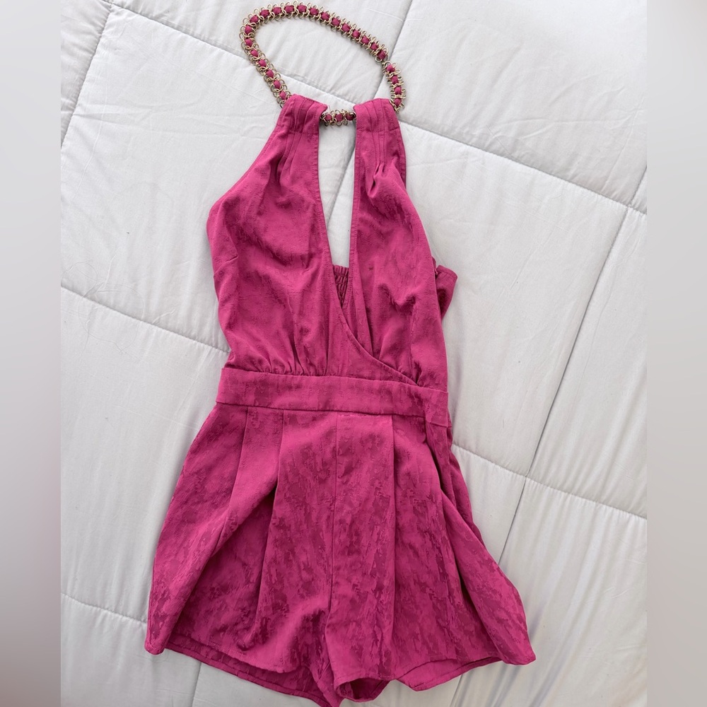 Vintage Bebe Pink Romper with Gold Necklace Chain